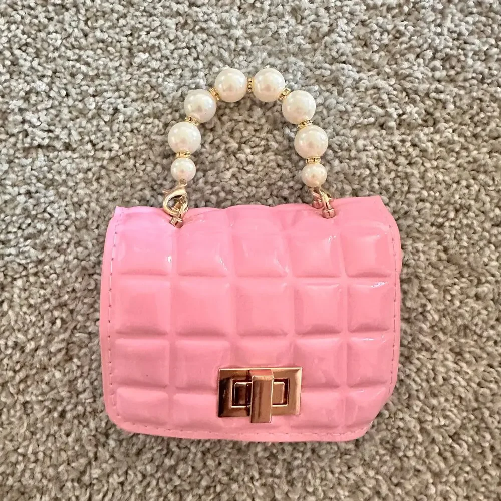 Pink Purse Textured Faux Pearl Decor Square Bag Gold Chain NEW